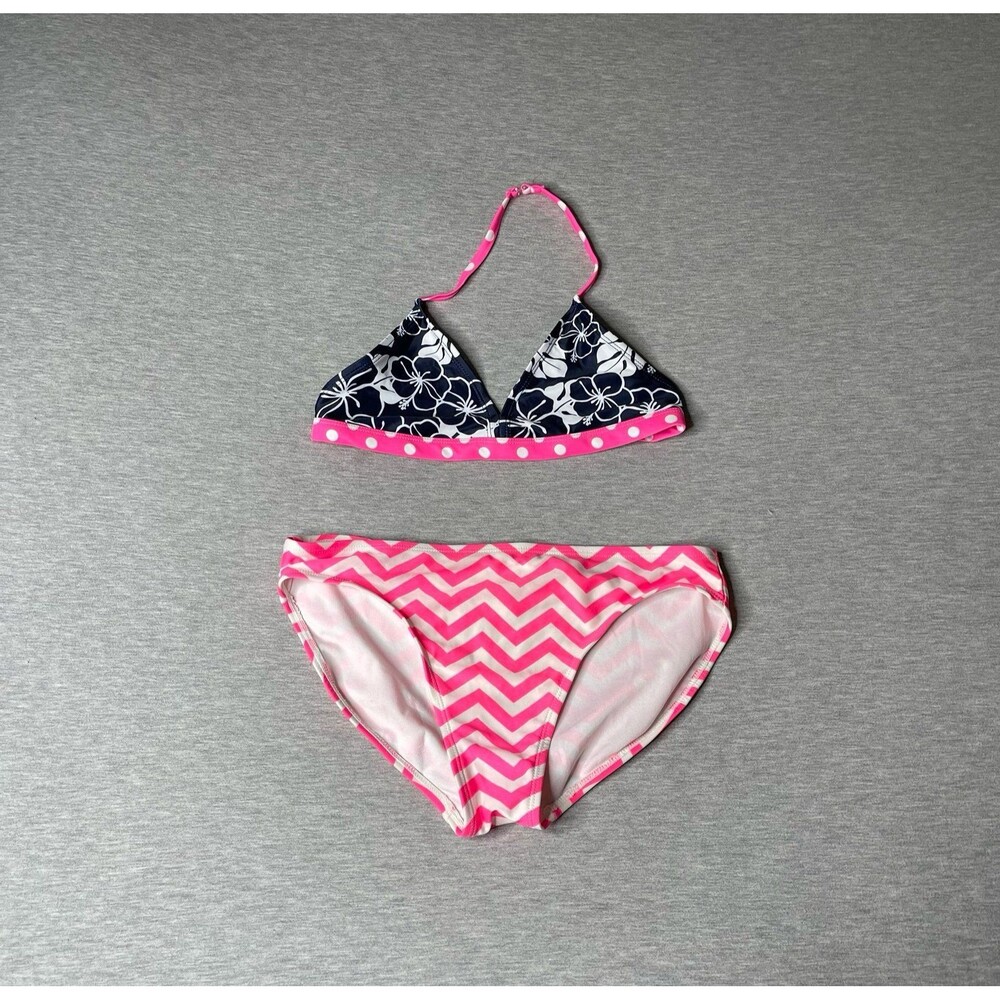 OP Girl's Pink Polka Dot & Zig Zag Print Bikini Swim Top & Bottom 2 PCS. Set